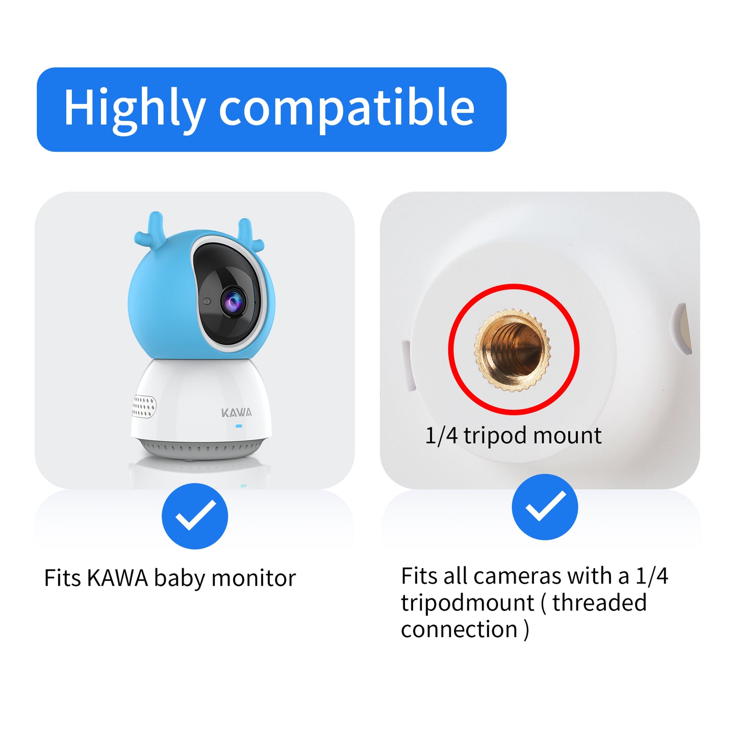 KAWA Baby Monitor Mount with Base Combo Attaches to Crib Frames(ZJ02), Not Only Suitable for there is a 1/4 threaded hole at the bottom of your baby monitor,  But Also Suitable for KAWA S5, S6, S7, A5, A6, and A7