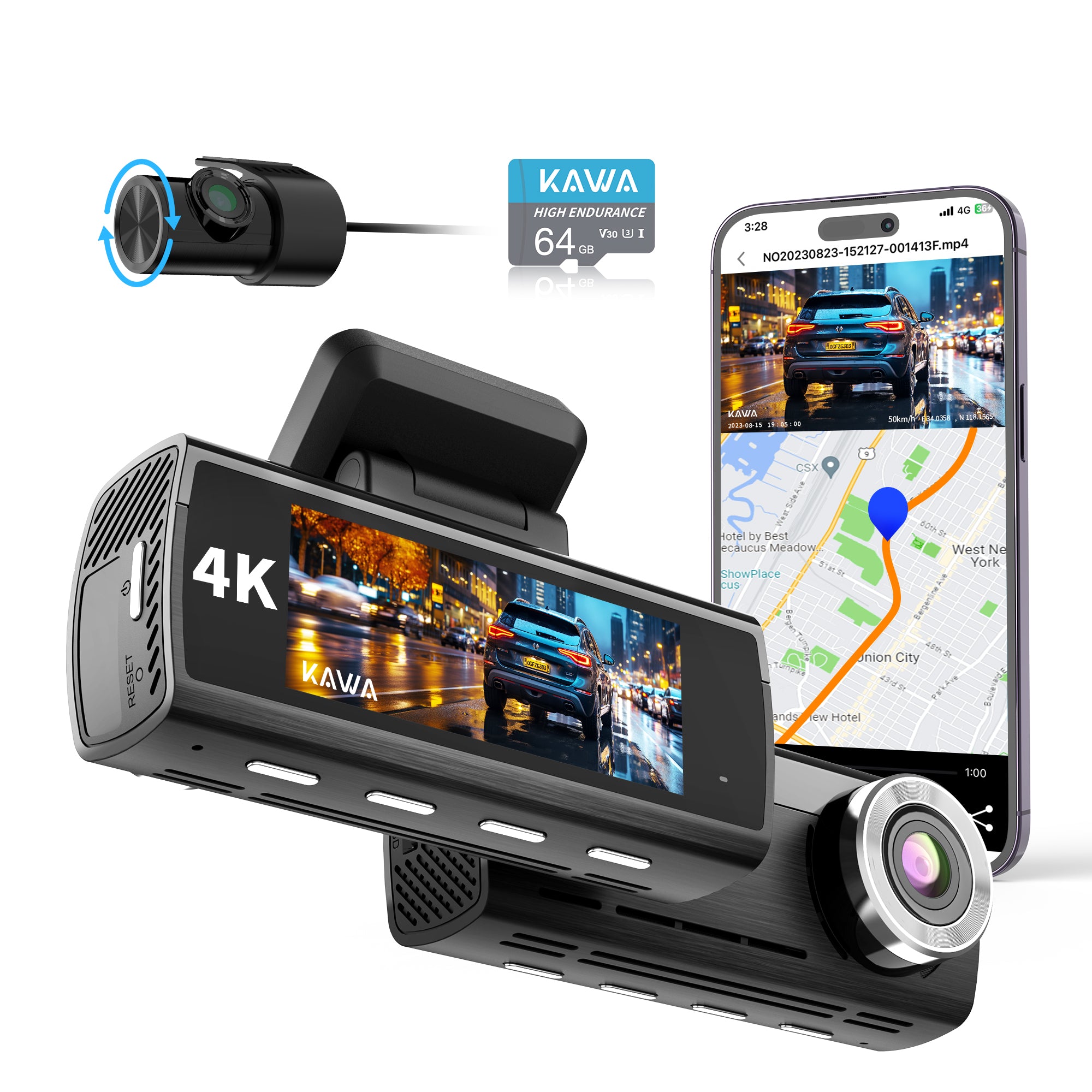 KAWA D8 | Real 4K Dual Dash Cam for Cars & 1080P Rear Camera with Sony IMX415 Chip & Voice Control