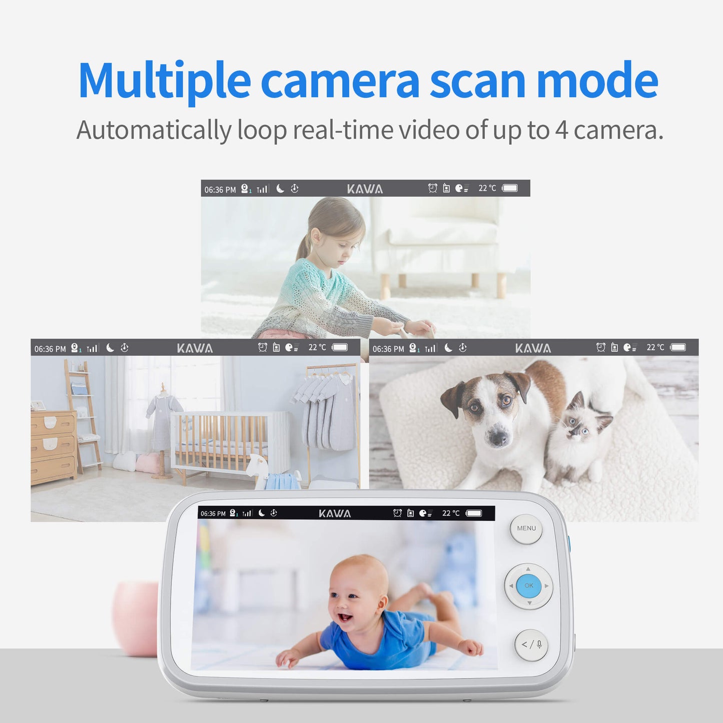 KAWA S6 | Add-on Baby Camera Without Batteries, 720p HD Video Baby Monitor Camera, No WiFi Security Split-Screen, Crisp Night Vision, 1000ft Range, 2X Zoom 2-Way Audio, 110°Wide Angle View (Monitor Not Include)
