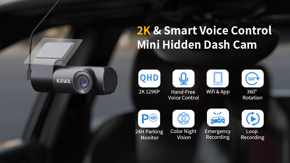 Dash Cam 2K, KAWA WiFi Dash Camera for Cars 1440P with Hand-Free Voice  Control, Night Vision, Mini Hidden Dashcam Front, Emergency Lock, Loop